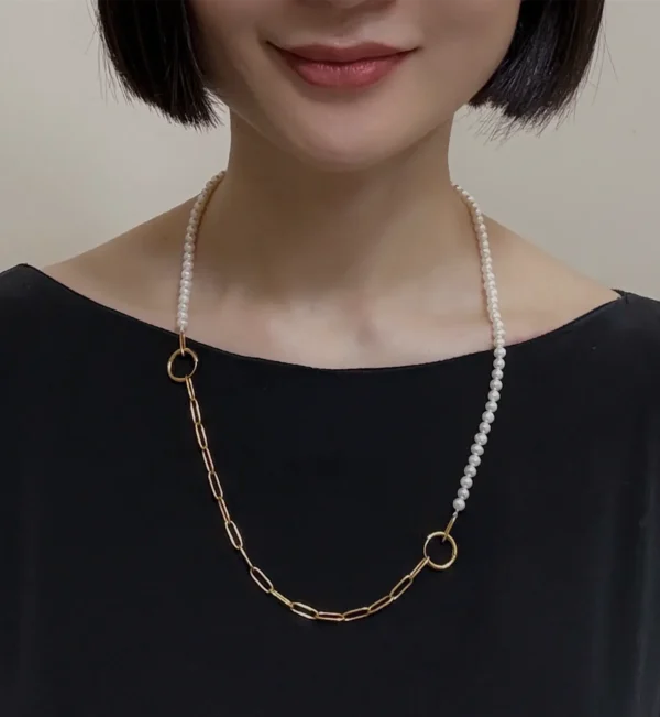 Half Pearl Half Chain Necklace - Convertible Jewelry with Real Pearls - raffiepearls33