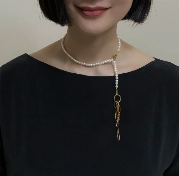 Half Pearl Half Chain Necklace - Convertible Jewelry with Real Pearls - raffiepearls33