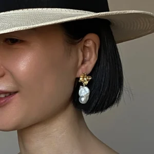 Baroque Pearl Drop Earrings in Sterling Silver Floral Studs - raffiepearls09