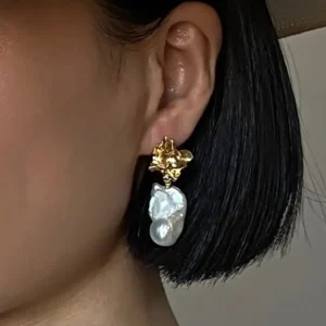 Baroque Pearl Drop Earrings in Sterling Silver Floral Studs - raffiepearls09