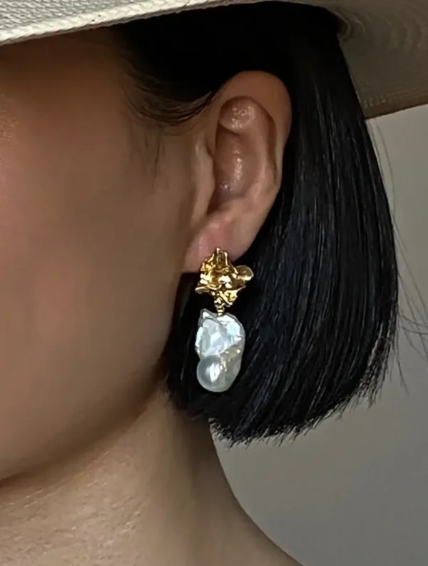 Baroque Pearl Drop Earrings in Sterling Silver Floral Studs - raffiepearls09