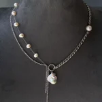 Rebel Baroque Necklace – Edgy Baroque Pearl Pendant on Hand-Polished, Highly Tarnish-Resistant Hypoallergenic Steel Chain – Shines Like 18k White Gold – Adjustable Choker, Bracelet, or Anklet – Versatile Statement Jewelry for Women