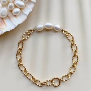 Baroque Pearl Bracelet with Gold Plated Non-Tarnish Chain - raffiepearls44
