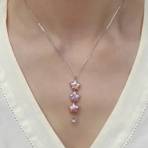 Pink or White Star-Shaped Pearls Necklace in Adjustable Sterling Silver Chain