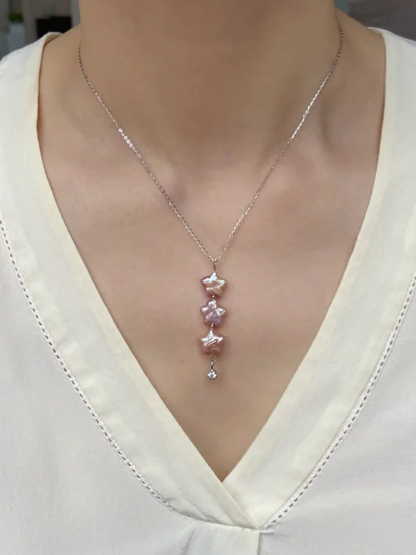 Raffie Pearls Starlight Necklace- Handmade Sterling Silver Necklace with Colorful Star-Shaped Freshwater Pearls and 5A Zircon - Adjustable Chain, Unique Jewelry Gift for Women