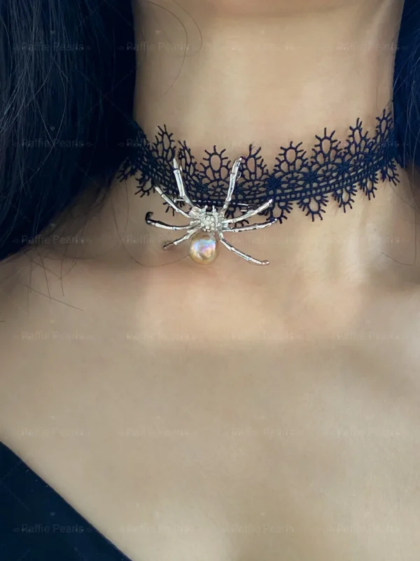 Black Choker Pearl Spider Necklace / Brooch – Fine Halloween Jewelry - raffiepearls54