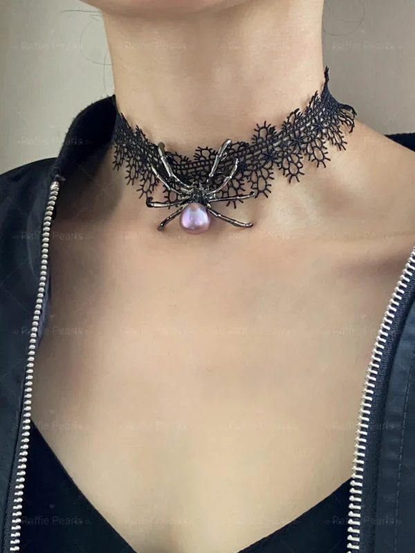 Black Choker Pearl Spider Necklace / Brooch – Fine Halloween Jewelry - raffiepearls54