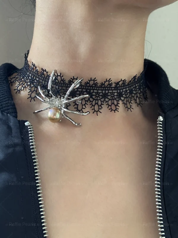 Black Choker Pearl Spider Necklace / Brooch – Fine Halloween Jewelry - raffiepearls54