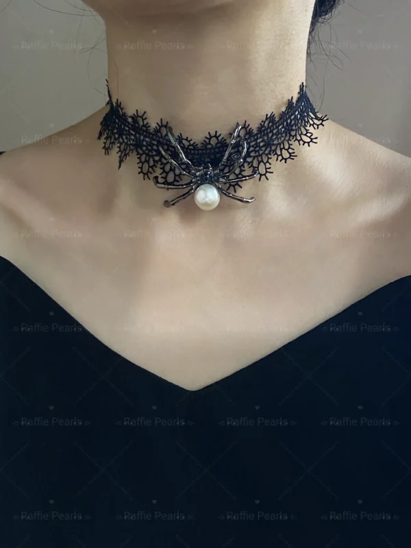 Black Choker Pearl Spider Necklace / Brooch – Fine Halloween Jewelry - raffiepearls54