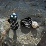 Eclipse Pearl Ring - Adjustable Modern Statement Jewelry with Hand-Picked Near Perfectly-Round White Freshwater Pearl or Black Tahitian Pearl and 18k Black Rhodium-Plated Sterling Silver, Bold Pearl Ring for Women, Modern Statement Jewelry, Unique Gift for Her