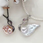 Swan Necklace in Black, Silver, Gold - Real Baroque Pearls - raffiepearls28