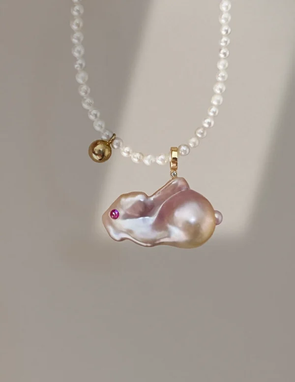 Raffie Pearls Handcrafted Freshwater Pearl Bunny Pendant - Real Baroque Pearl Rabbit Charm, 925 Sterling Silver/18k Gold Plated, Unique Animal Jewelry, Cute Easter Gift, Pearl Animal Pendant, One of a Kind Meaningful Jewelry for Women and Girls