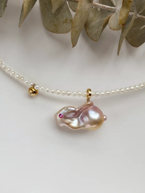 Raffie Pearls Handcrafted Freshwater Pearl Bunny Pendant - Real Baroque Pearl Rabbit Charm, 925 Sterling Silver/18k Gold Plated, Unique Animal Jewelry, Cute Easter Gift, Pearl Animal Pendant, One of a Kind Meaningful Jewelry for Women and Girls