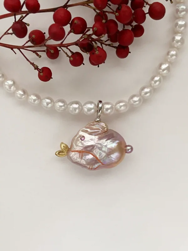 Raffie Pearls Handcrafted Freshwater Pearl Bunny Pendant - Real Baroque Pearl Rabbit Charm, 925 Sterling Silver/18k Gold Plated, Unique Animal Jewelry, Cute Easter Gift, Pearl Animal Pendant, One of a Kind Meaningful Jewelry for Women and Girls