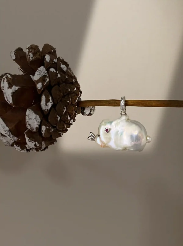Raffie Pearls Handcrafted Freshwater Pearl Bunny Pendant - Real Baroque Pearl Rabbit Charm, 925 Sterling Silver/18k Gold Plated, Unique Animal Jewelry, Cute Easter Gift, Pearl Animal Pendant, One of a Kind Meaningful Jewelry for Women and Girls