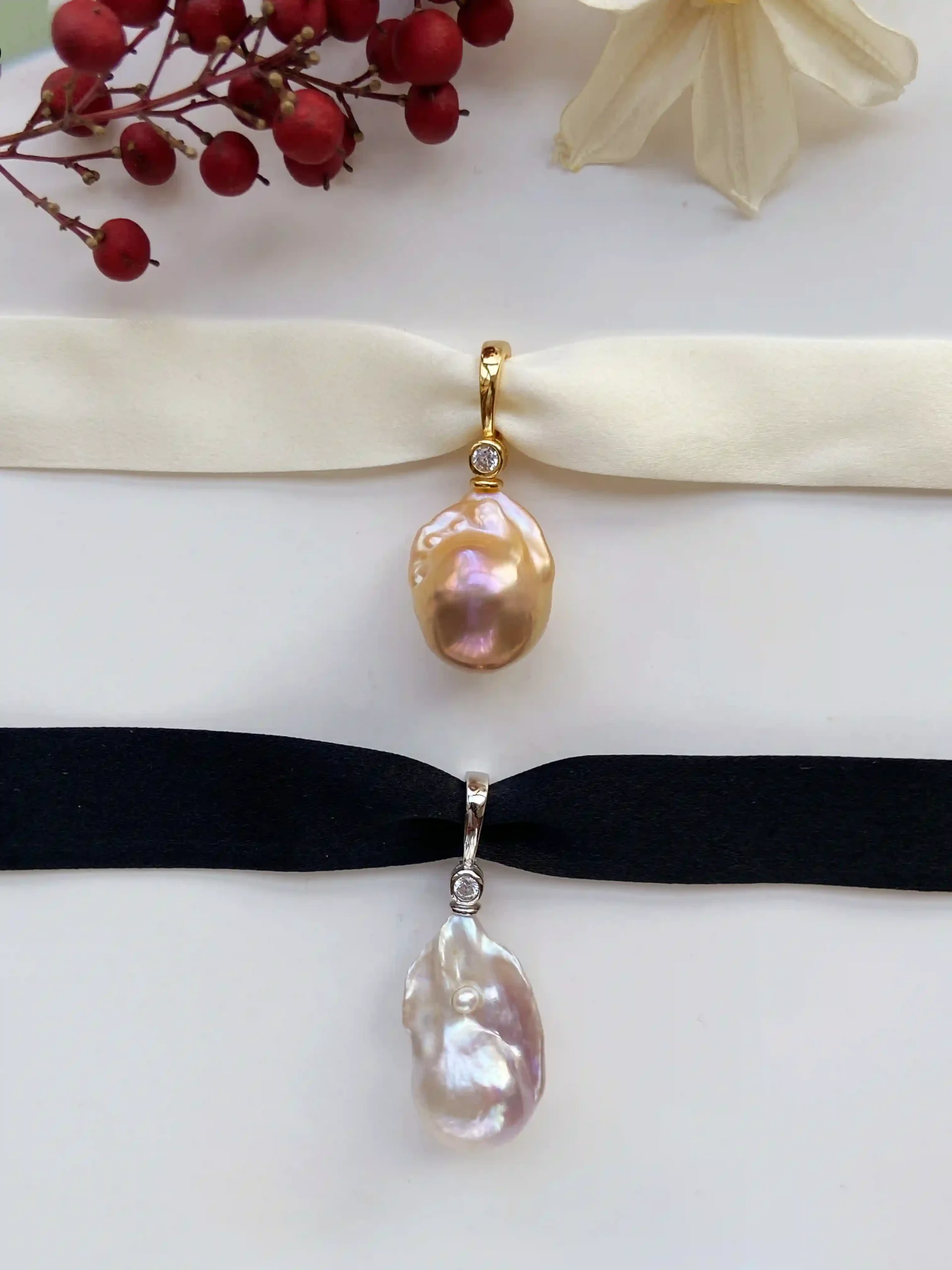 Black Choker with Pearl – Silk Ribbon Necklace with Colored