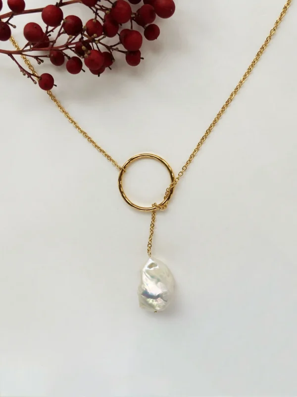 Gold Lariat Necklace with Pearls, Tarnish-Resistant - Raffie Pearls