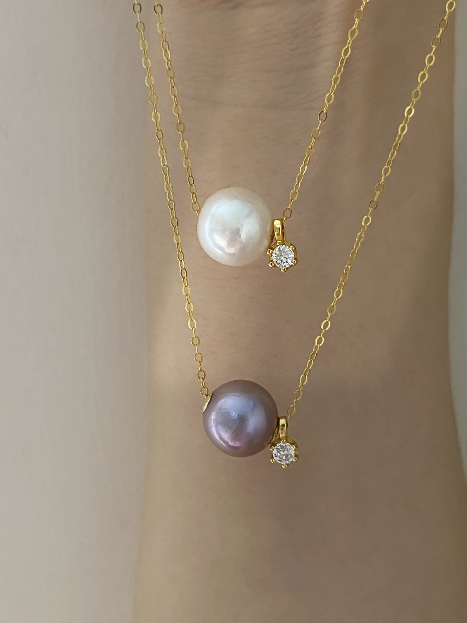 Floating Pearl Necklace - Edison Pearl & 18k Solid Gold Caps - raffiepearls31