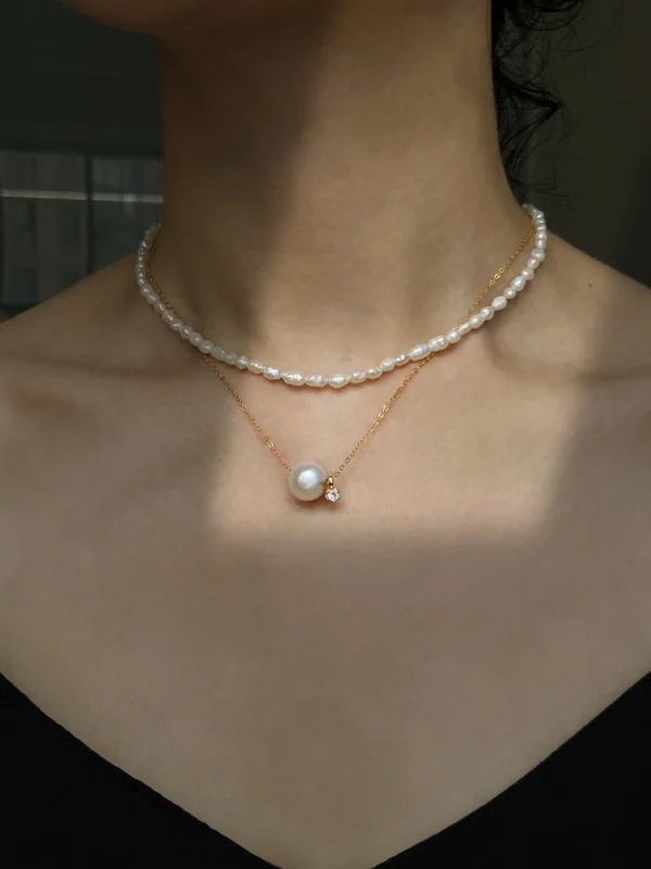 Floating Pearl Necklace - Edison Pearl & 18k Solid Gold Caps - raffiepearls31