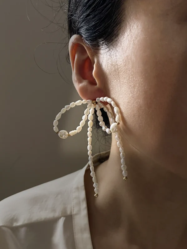 Pearl Bow Earrings – Elegant Keshi Pearl Earrings - raffiepearls36
