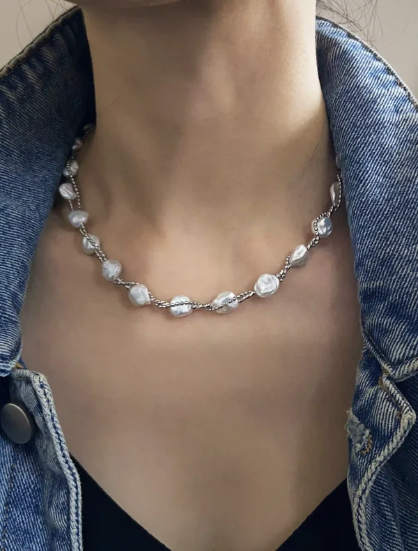Keshi Pearl Necklace | Tarnish-Free, Layered or Intertwined Chain Pearl Necklace - raffiepearls40