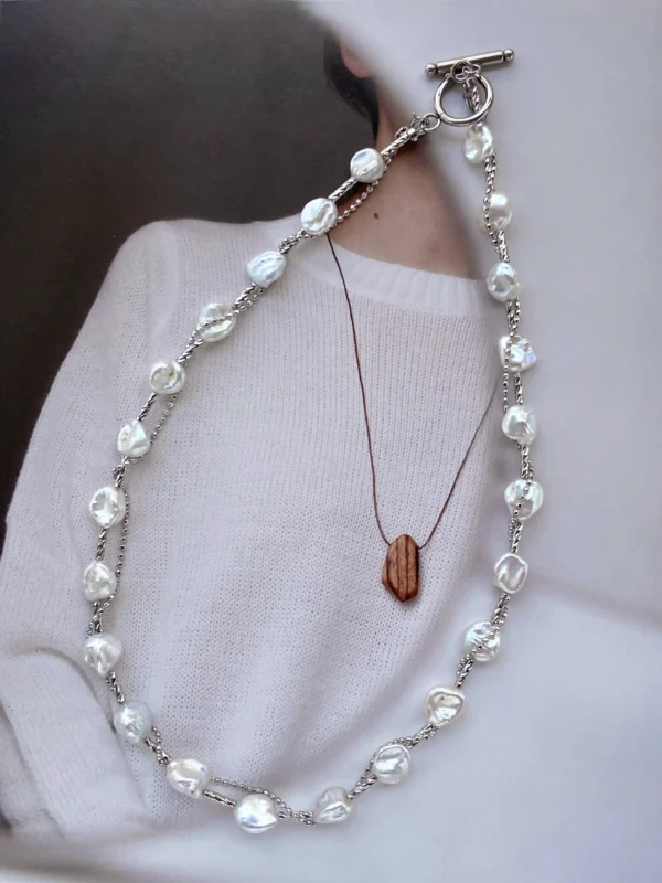 Keshi Pearl Necklace | Tarnish-Free, Layered or Intertwined Chain Pearl Necklace - raffiepearls40