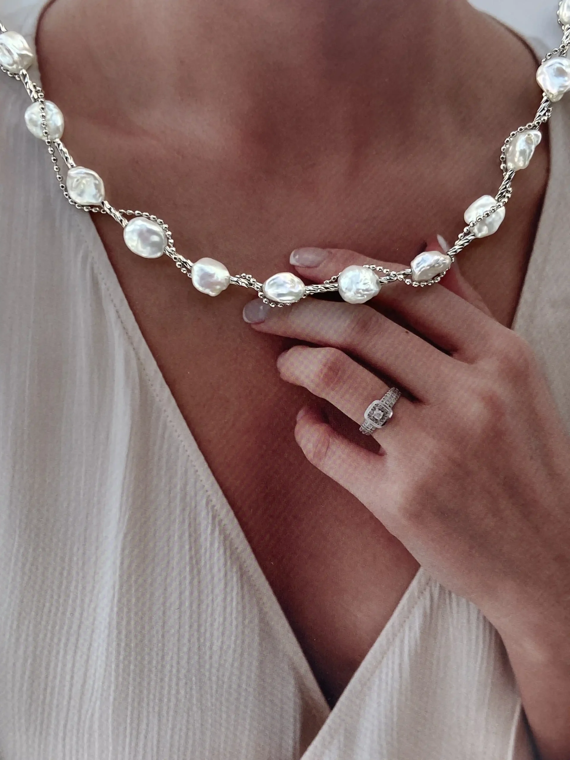 Keshi Pearl Necklace | Tarnish-Free, Layered or Intertwined Chain Pearl Necklace