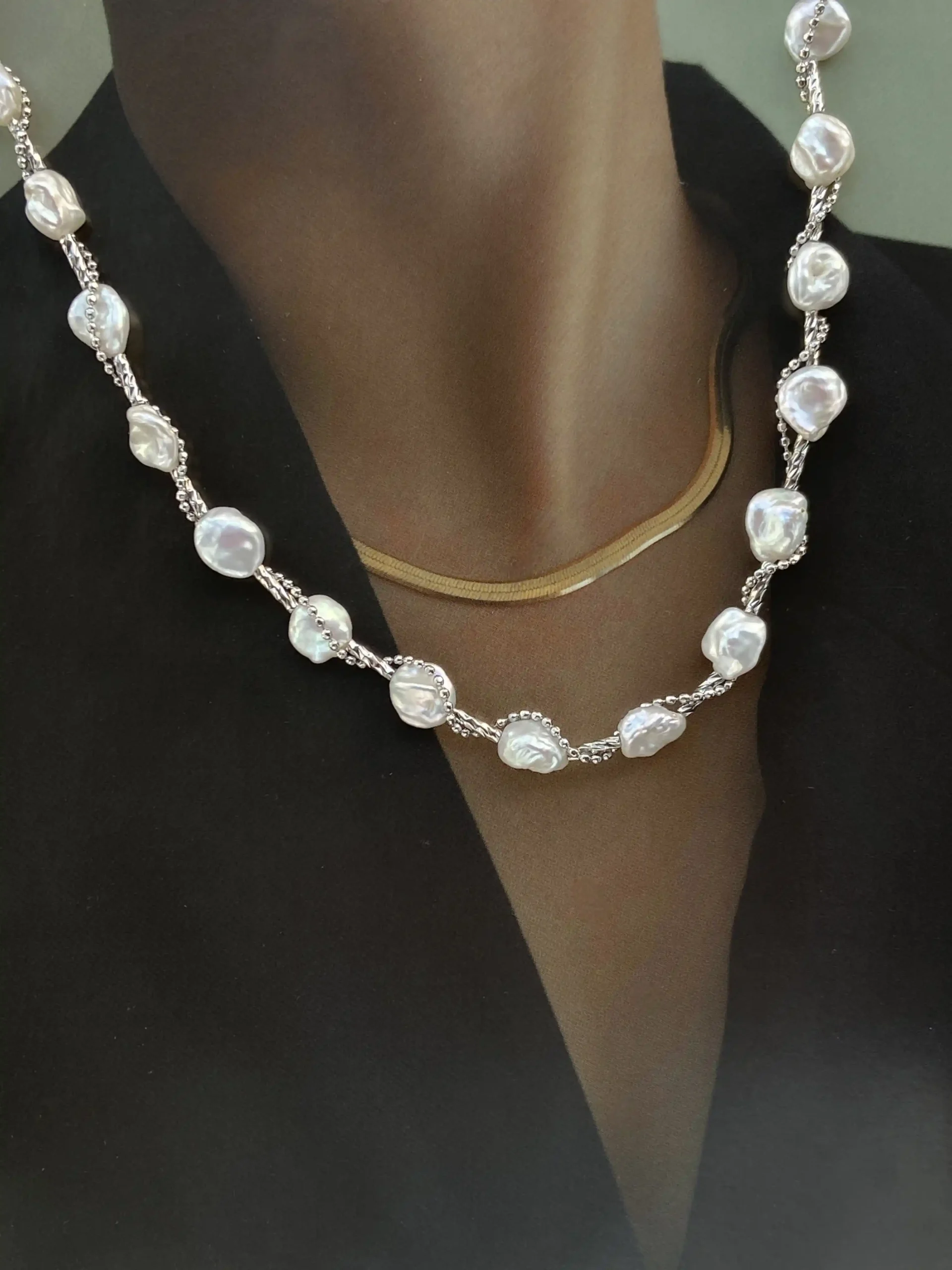 Keshi Pearl Necklace | Tarnish-Free, Layered or Intertwined Chain Pearl Necklace