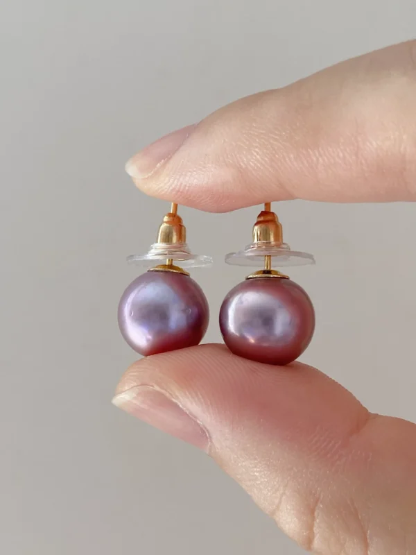 Purple Pearl Earrings – Natural 10mm Pearl Earrings in Sterling Silver - raffiepearls49