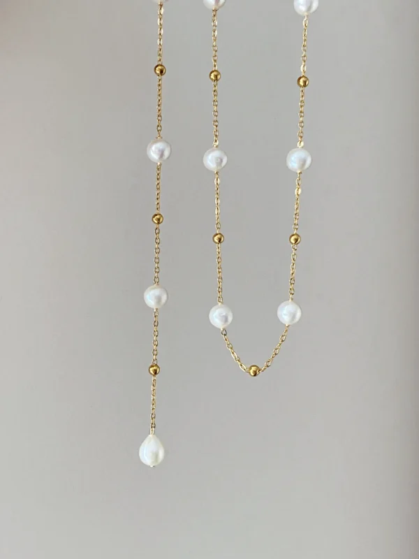 Station Pearl Necklace in Gold| Silver – Adjustable Length, Multi-Way Y Necklace - raffiepearls51
