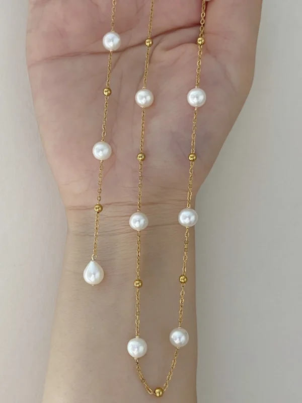 Station Pearl Necklace in Gold| Silver – Adjustable Length, Multi-Way Y Necklace - raffiepearls51