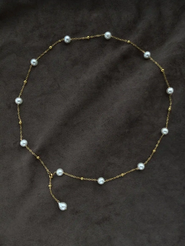 Station Pearl Necklace in Gold| Silver – Adjustable Length, Multi-Way Y Necklace - raffiepearls51