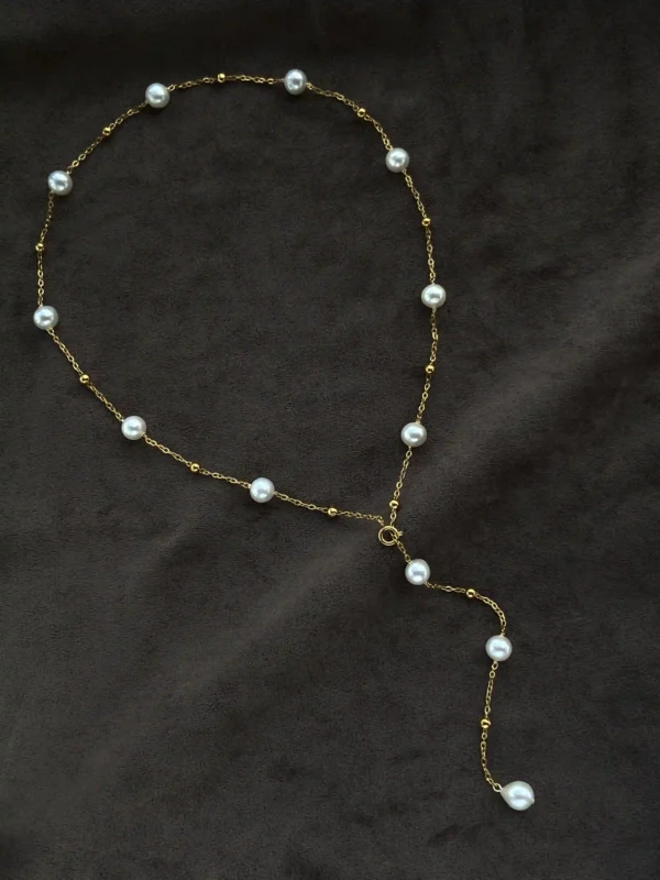 Station Pearl Necklace in Gold| Silver – Adjustable Length, Multi-Way Y Necklace - raffiepearls51