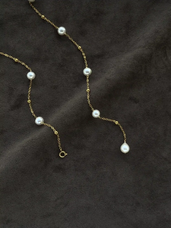 Station Pearl Necklace in Gold| Silver – Adjustable Length, Multi-Way Y Necklace - raffiepearls51