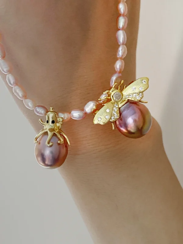 Pearl Octopus Pendant | Bee Brooch - Real Pearls in Sterling Silver - raffiepearls52