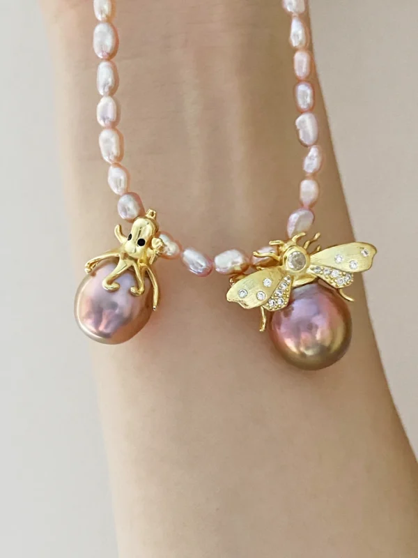 Pearl Octopus Pendant | Bee Brooch - Real Pearls in Sterling Silver - raffiepearls52