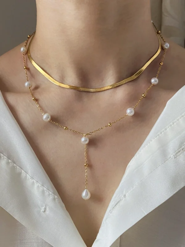 Station Pearl Necklace in Gold| Silver – Adjustable Length, Multi-Way Y Necklace - raffiepearls51