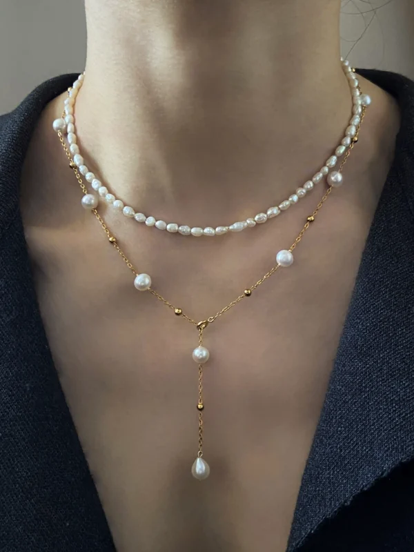 Station Pearl Necklace in Gold| Silver – Adjustable Length, Multi-Way Y Necklace - raffiepearls51