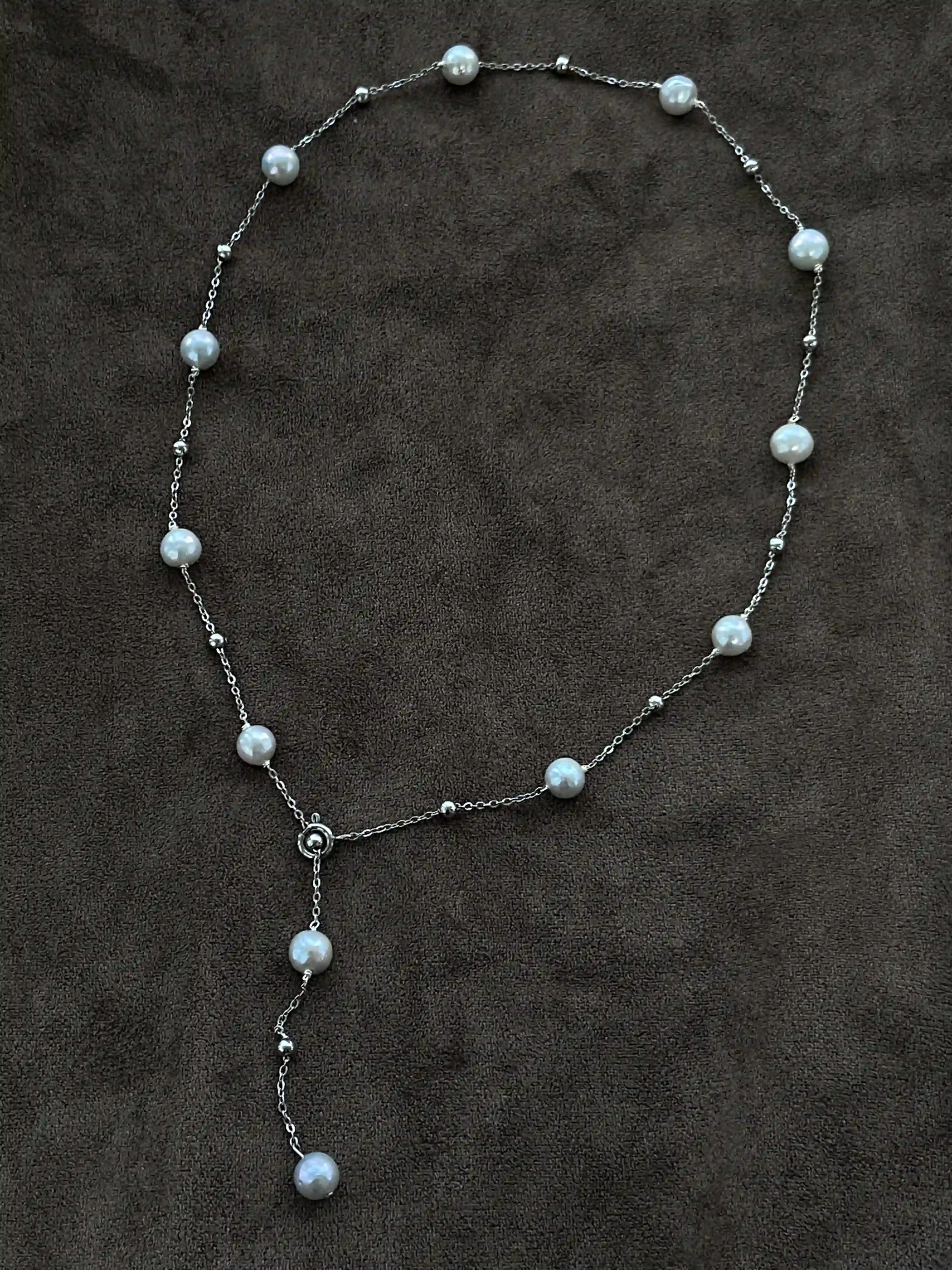 Station Pearl Necklace in Gold| Silver – Adjustable Length, Multi-Way Y Necklace - raffiepearls51