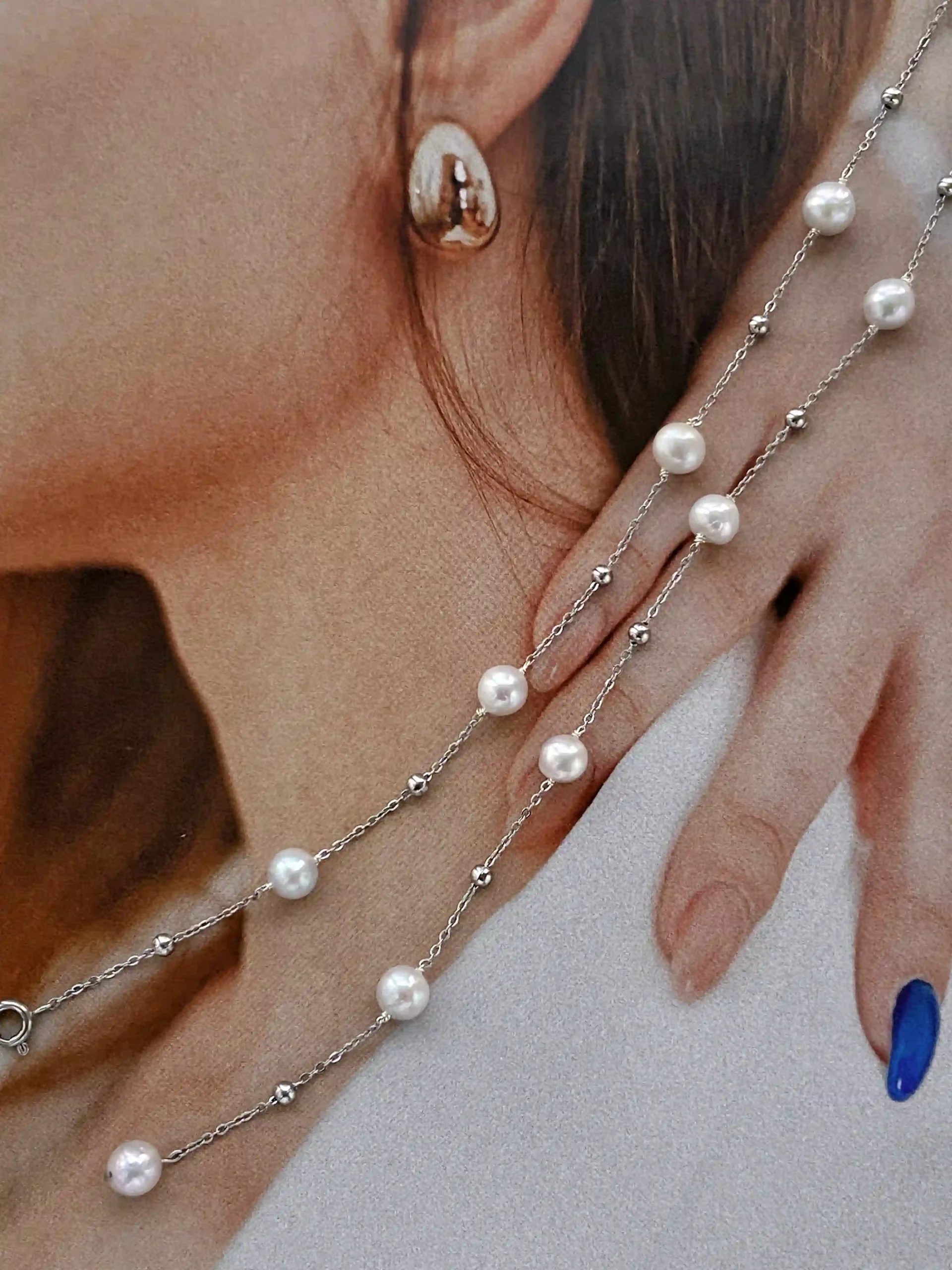 Station Pearl Necklace in Gold| Silver – Adjustable Length, Multi-Way Y Necklace - raffiepearls51