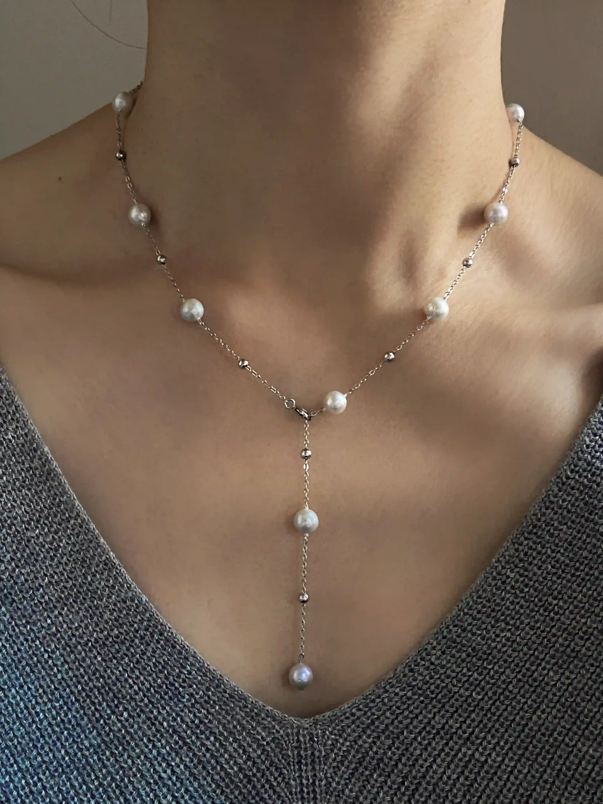 Station Pearl Necklace in Gold| Silver – Adjustable Length, Multi-Way Y Necklace - raffiepearls51
