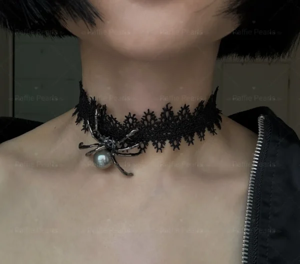 Black Choker Pearl Spider Necklace / Brooch – Natural or Glass Pearls - raffiepearls54