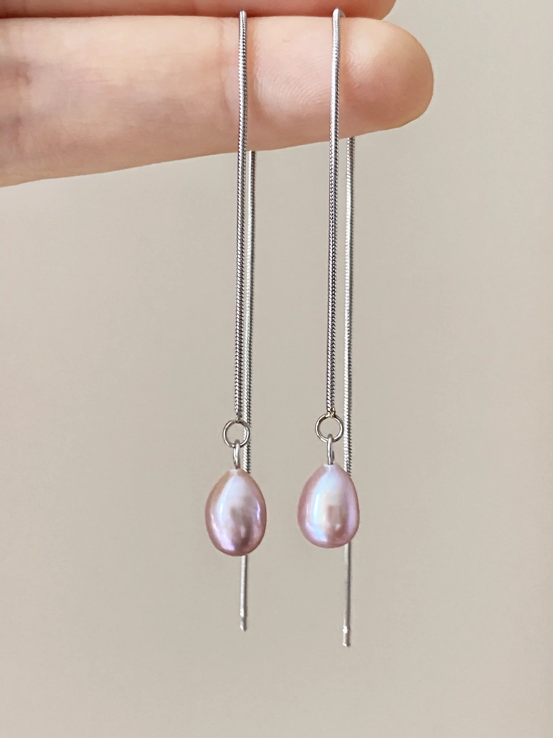 Pearl Threader Earrings with Natural Freshwater Pearls - Silver-Tone