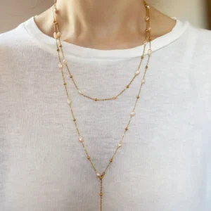 Pearl and Gold Chain Necklace – Long Keshi Floating Station Style