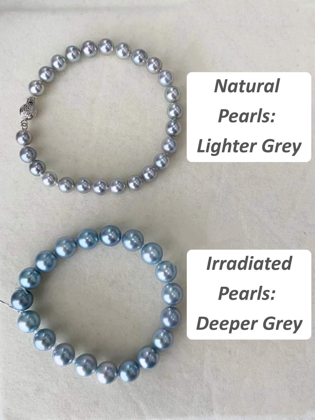 Comparison between natural grey pearls and darker irradiated pearls