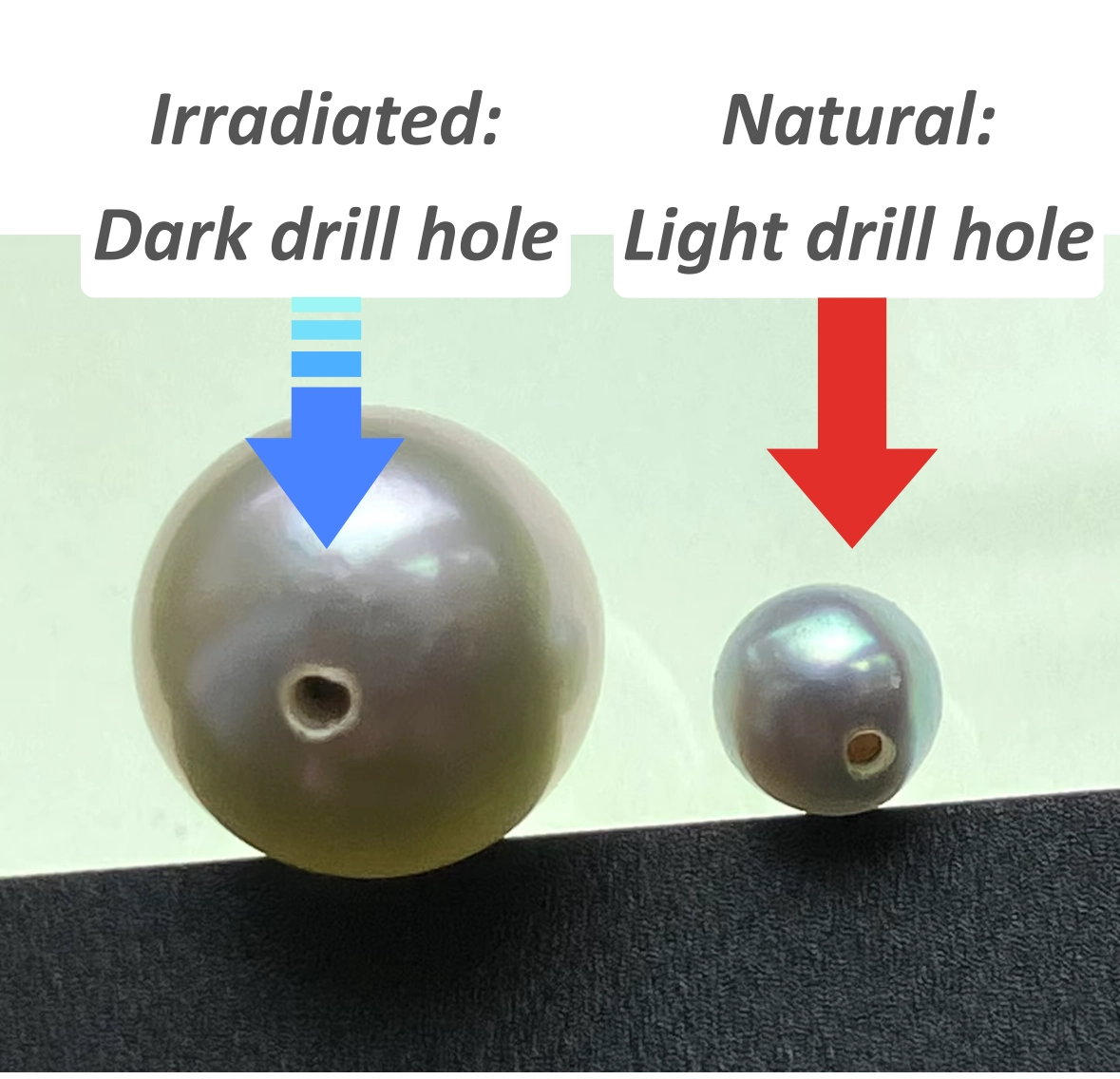 Natural vs irradiated grey pearl drill hole comparison