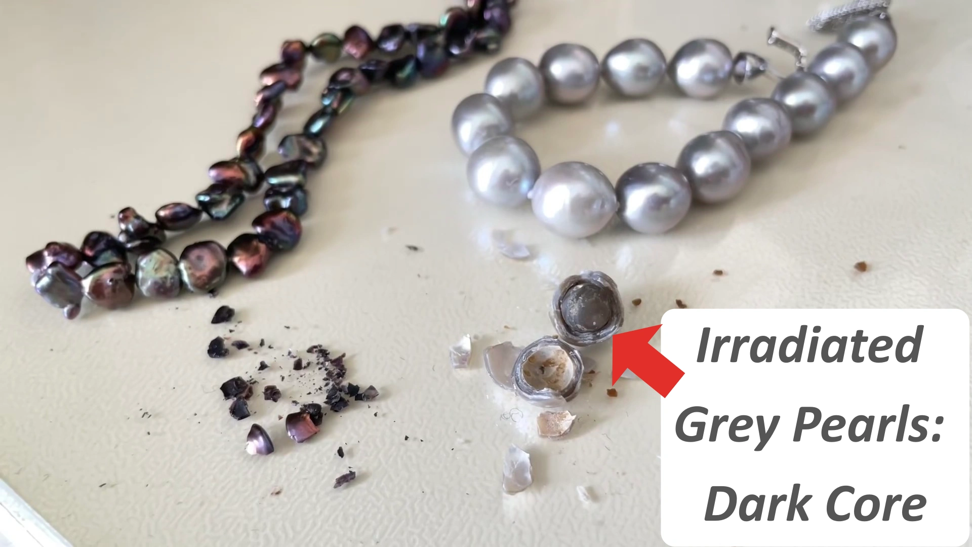Irradiated grey pearl showing dark grey nucleus