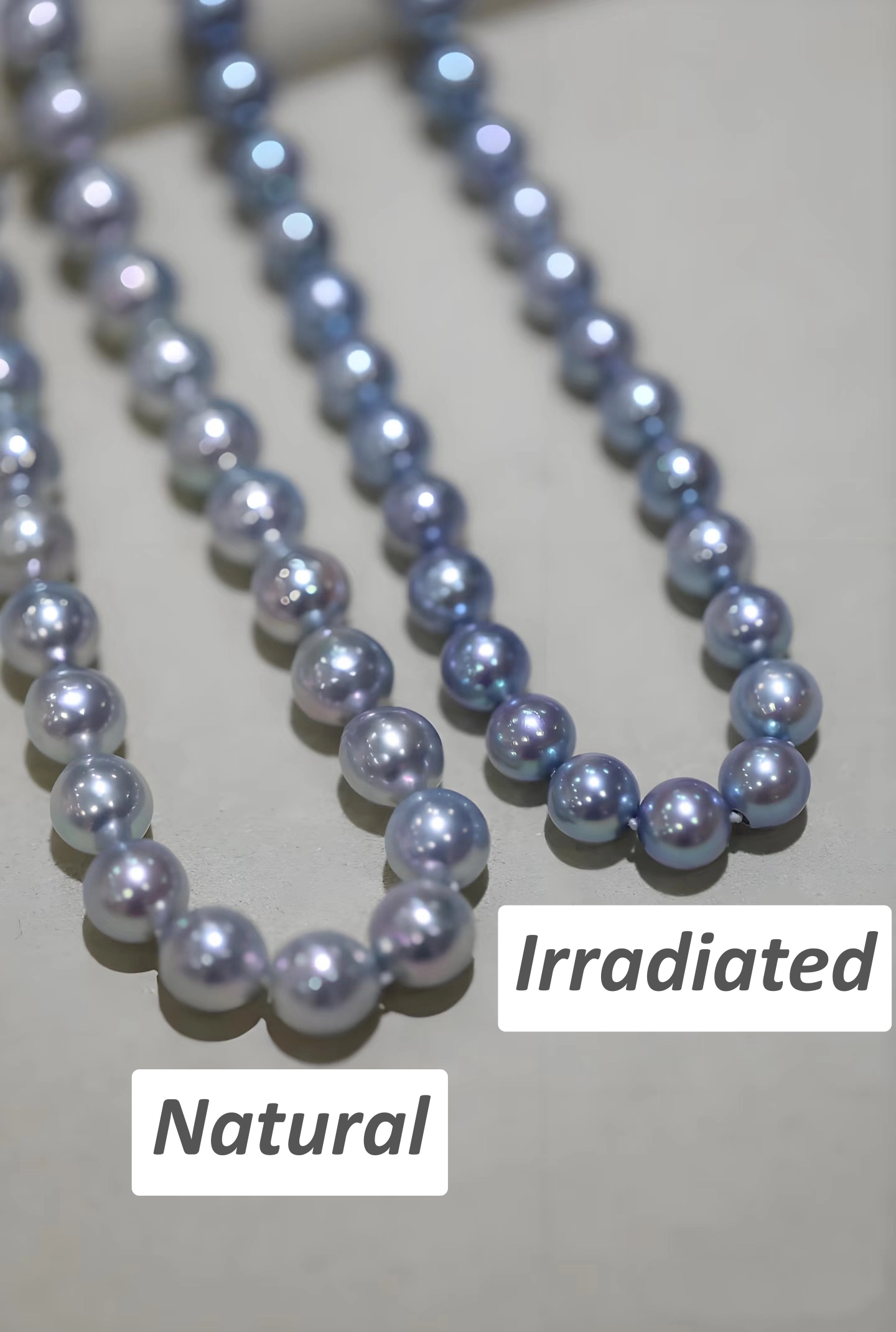 Natural vs irradiated Akoya grey pearls comparison