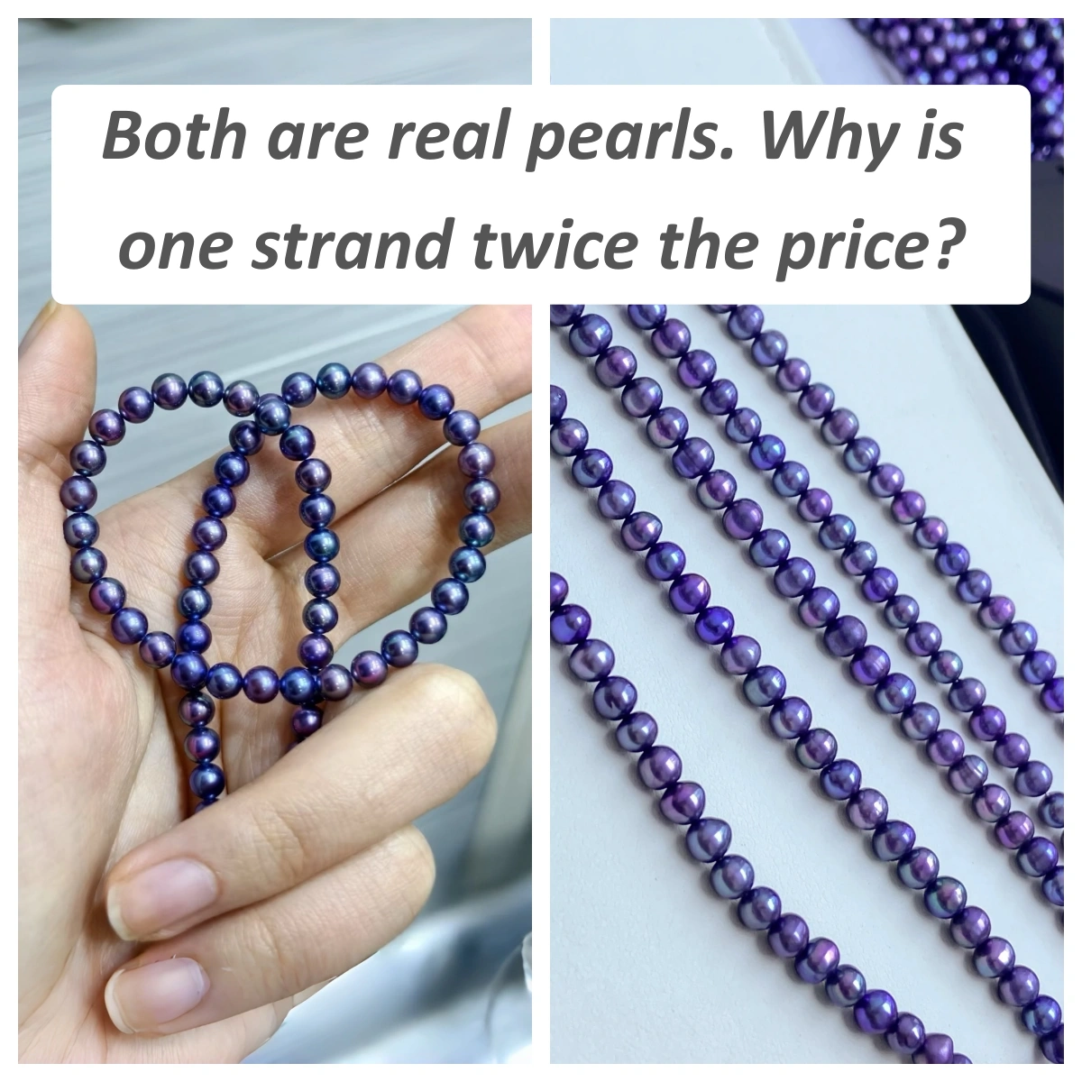 Natural purple freshwater pearls vs toned purple freshwater pearls comparison
