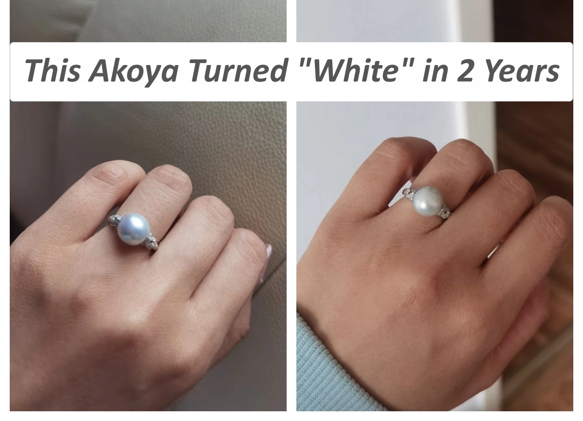 Akoya pearl ring comparison showing silver-gray pearl becoming pale gray over two years